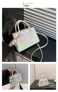 Detailed views of silver quilted crossbody bag with iridescent finish and gold hardware