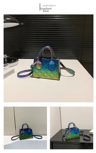 Detail of blue iridescent gradient handbag with diamond quilted pattern and dual handles