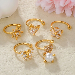 5-piece gold 18k butterfly ear cuffs set with zircon and pearls for non-pierced ears