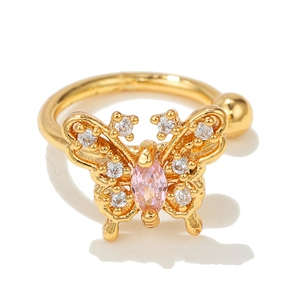 Close-up of 18k gold butterfly ear cuff with pavé zircon and pink oval center stone