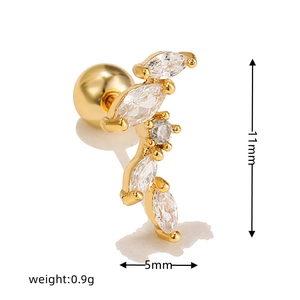 Macro shot of gold-plated leaf earring with zircon stones showing 11mm height