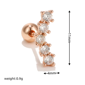 Macro view of rose gold curved leaf stud earrings with size and weight annotations