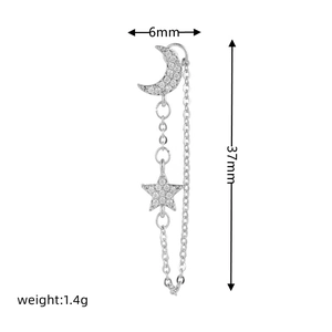 Technical sketch of silver star and moon chain earrings with zircon pave and dimensions
