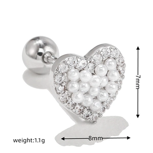 Detail of heart stud earring with pearls and zircons showing dimensions 7mm x 8mm