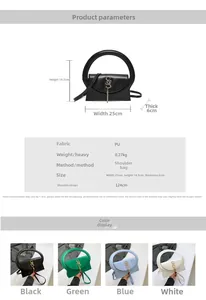 Detail view of stylish PU leather handbag showing dimensions and large round handle design