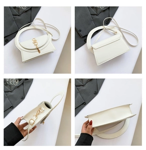 Detailed views of white square crossbody bag with gold S-buckle and ring handle