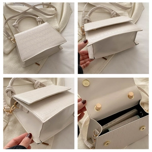 Detail shots showing white crocodile texture, knotted handle and golden magnetic clasp