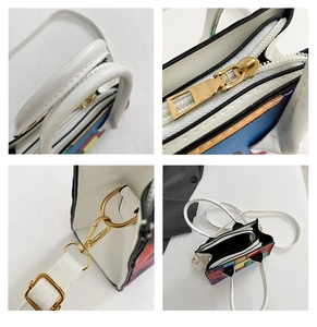 Detailed views of multi-color geometric handbag featuring gold hardware and leather straps