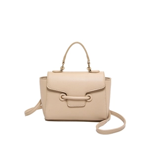 Elegant beige lychee texture small square crossbody bag with top handle and flap closure