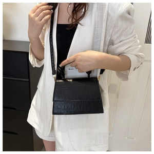 Minimalist black crocodile pattern small square handbag with gold hardware for women
