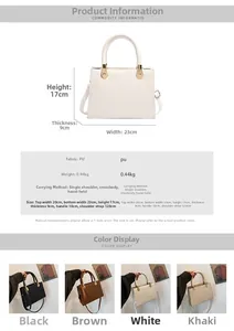 Detailed size chart and multi-color view of stylish woven pattern faux leather handbags