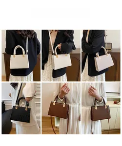 Chic woven texture leather handbags in beige, black and brown shown in lifestyle settings