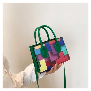 Contrast Color Geometric Block PU Leather Small Square Bag For Women Fashion Handbag Shoulder Crossbody Bag Daily Style