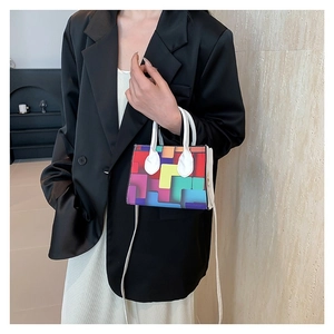Minimalist tetris pattern mini handbag with colorful geometric print and white straps