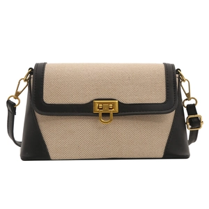 Fashionable straw patch small square bag with contrast leather and gold buckle