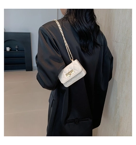 Dettaglio della mini borsa trapuntata bianca con chiusura dorata indossata dalla modella