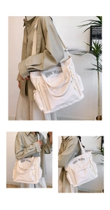 Detail of white large capacity nylon tote bag featuring multi-pockets and black lettering