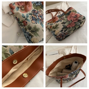 Detailed views of vintage floral tote bag showing embroidery texture and interior capacity