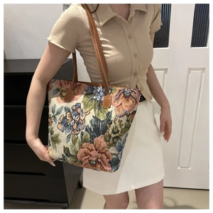 Borsa tote vintage a fiori in jacquard con spalline in ecopelle marrone per donna