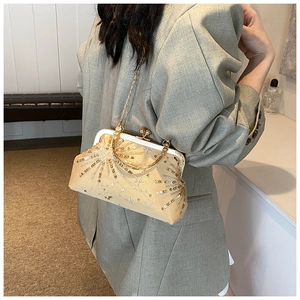 Champagne gold sequin embroidered shell bag with gold chain for evening parties