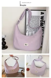 Detailed views of a purple canvas saddle bag with adjustable strap and brand label