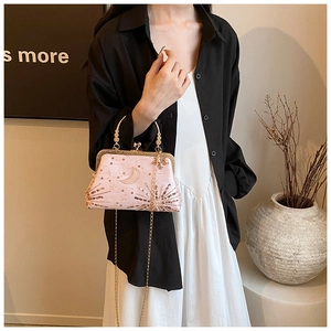 Elegant pink sequin embroidered shell clutch bag with gold chain strap for evening events