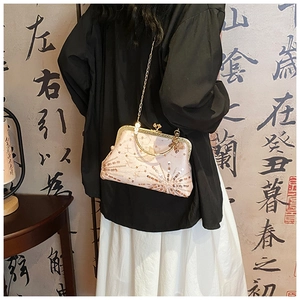 Close-up of retro crossbody bag with sequin embroidery and metallic clasp on person