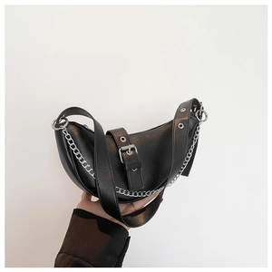 Chic PU Crescent Underarm Bag For Women Silver Metal Chain Buckle Adjustable Strap Y2K Handbag With Polyester Lining