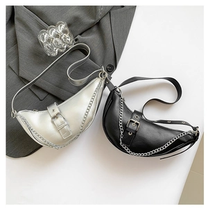 Chic silver and black crescent moon shoulder bags with metal chain and biker buckle straps