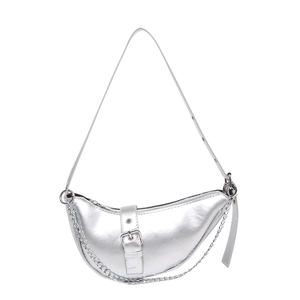 Chic silver metallic crescent underarm bag with chain detail and buckle strap