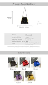 Detailed size specifications for the sequined drawstring bucket bag in multiple colors