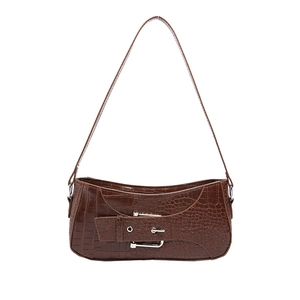 Braune Vintage-Unterachseltasche mit Krokodilmuster und dekorativer Schnalle in Halbmondform