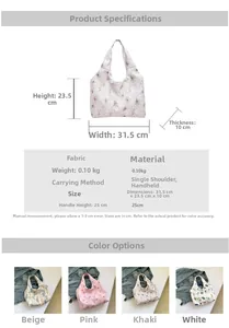 Detailed size chart and multi-color floral canvas bucket bag options for women