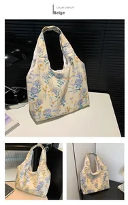 Three views of a beige tote bag featuring blue hydrangea prints and a spacious interior