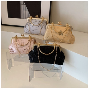 Vintage Evening Bag Sequin Embroidery Metal Frame Kiss Lock Chain Strap Crossbody Handbag For Party Wedding Women