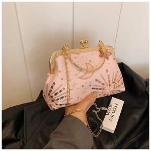 Pink shell evening bag with gold sequin embroidery and vintage metal handle for women