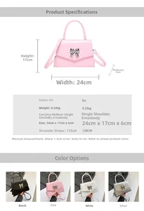 Detail specifications of PU leather bag with bow accent showing dimensions and colors