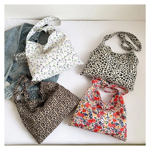 Women Large Capacity Floral Leopard Canvas Tote Bag Japanese Pastoral Style Soft Cloth Bucket Shoulder Bag Casual Daily Bag
