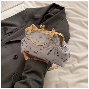 Detail of silver sequined evening bag with vintage gold clasp and chain strap