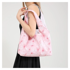 Pink floral canvas shoulder bag with minimalist wide strap and vintage Japanese style