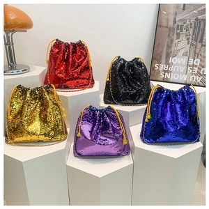 Women Sequin Bucket Bag Fashion Large Capacity Party Evening Chain Drawstring Shoulder Bag Street Style Glitter Handbag