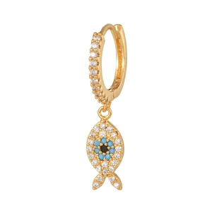 Boucles d'oreilles créoles 18 carats avec pendentif poisson œil et zircons