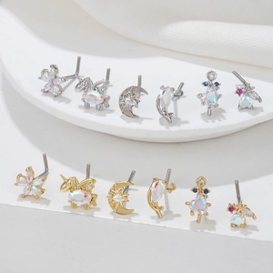 Set de 12 piercings de nariz con gemas de ópalo irisado en acabado oro y plata