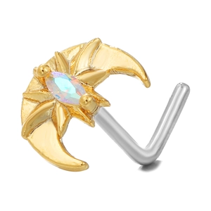 Piercing de nariz en L con luna creciente dorada, diseño de murciélago y piedra de ópalo