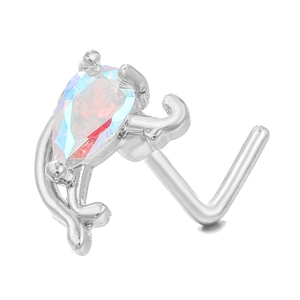 Piercing de nariz en L de cobre con circonita AB en forma de pera y acabado plata
