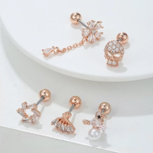 Five-piece rose gold stainless steel cartilage stud set with cubic zirconia and pearls
