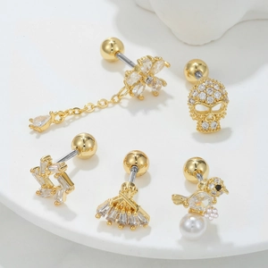 Set of 5 gold stainless steel zircon cartilage earrings featuring animals and floral designs