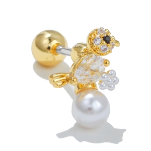 Golden bird stud earring with water drop zircon and pearl, secure screw ball back