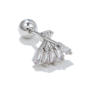 Detailed shot of silver fan-shaped cartilage stud with five sparkling zircon stones