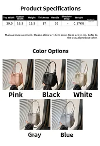 Detailed size guide for minimalist bucket bag with measurements and five color options